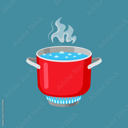 Saucepan with boiling water isolated on blue background. Pasta cooking process vector illustrations. Food, cooking concept