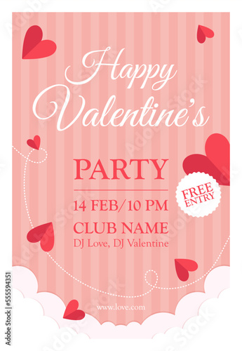 valentines day party poster on pink striped background with clouds and hearts