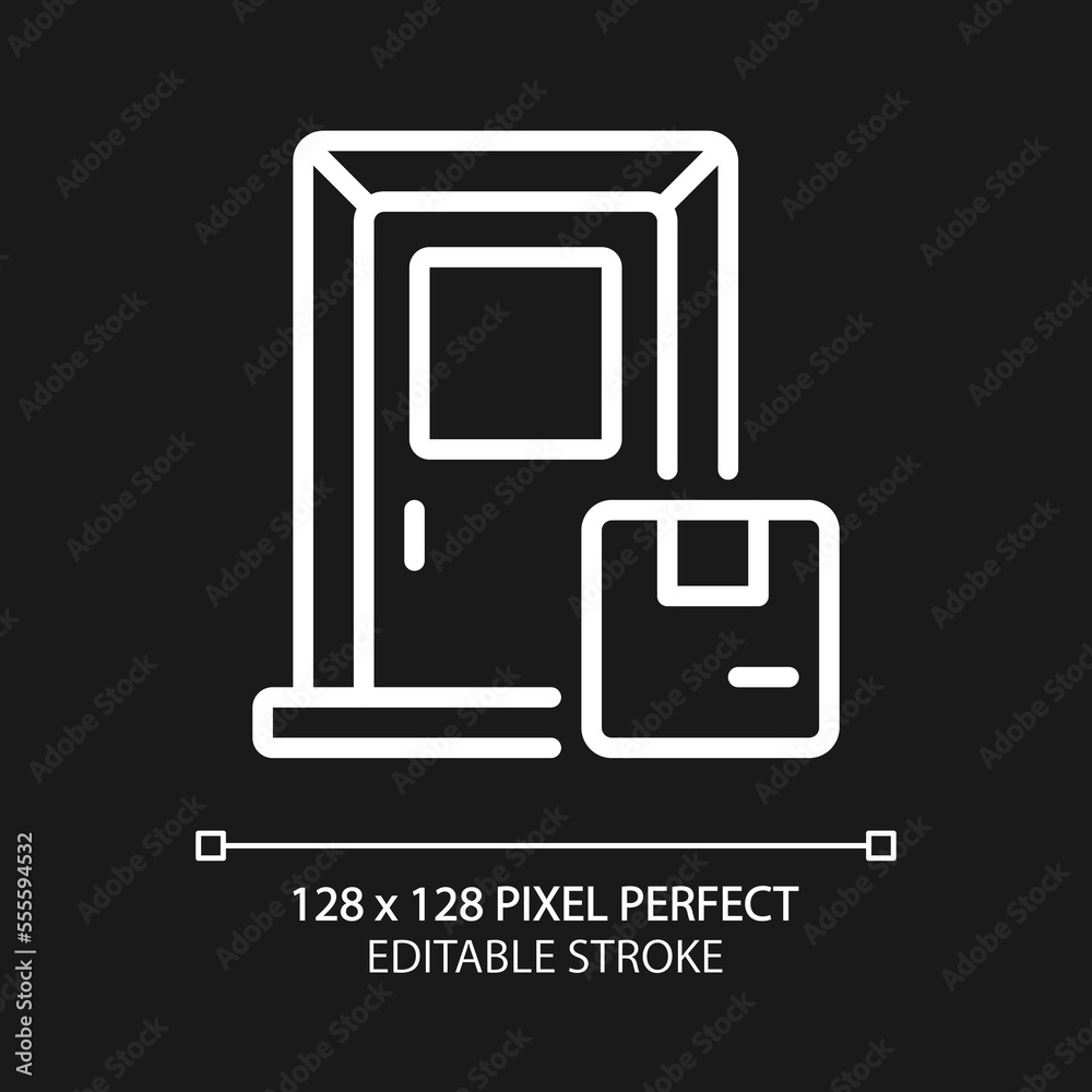 Door to door delivery pixel perfect white linear icon for dark theme. Courier service. Parcel transportation. Thin line illustration. Isolated symbol for night mode. Editable stroke. Arial font used Door to door delivery pixel perfect white linear icon for dark theme. Courier service. Parcel transportation. Thin line illustration. Isolated symbol for night mode. Editable stroke. Arial font used