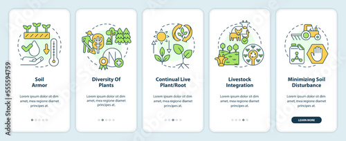 Principles of regenerative farming onboarding mobile app screen. Walkthrough 5 steps editable graphic instructions with linear concepts. UI, UX, GUI template. Myriad Pro-Bold, Regular fonts used