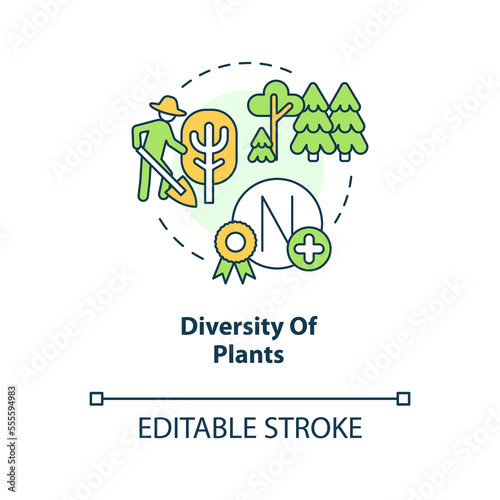 Diversity of plants concept icon. Different trees. Principle of regenerative farming abstract idea thin line illustration. Isolated outline drawing. Editable stroke. Arial, Myriad Pro-Bold fonts used