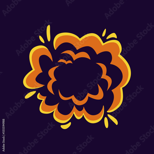 Cloud from explosion flat vector illustration. Cartoon drawing of smoke, boom or bang comic effect from crash, bomb, dynamite, explosives on purple background. Danger, destruction concept