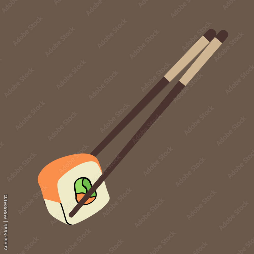 Cartoon illustration of rolls. Asian sushi cuisine with chopsticks Cartoon illustration of rolls. Asian sushi cuisine with chopsticks
