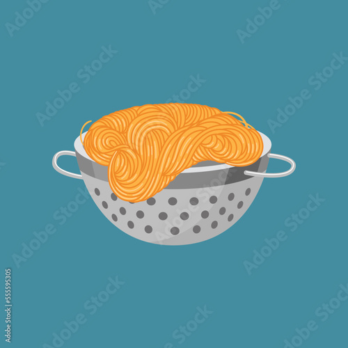 Spaghetti in colander isolated on blue background. Pasta cooking process vector illustrations. Food, cooking concept