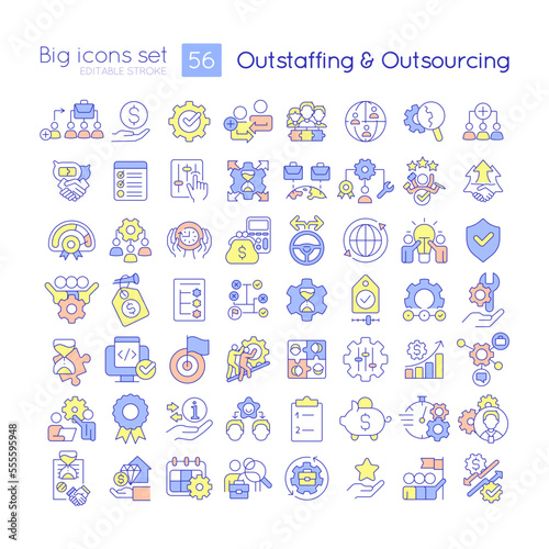 Outstaffing and outsourcing RGB color icons set. Hiring employees. Human resources. Isolated vector illustrations. Simple filled line drawings collection. Editable stroke. Quicksand-Light font used
