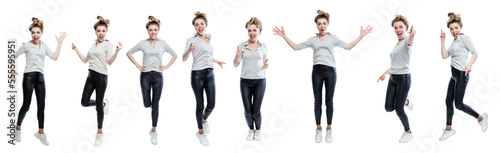 A young woman jumps happily. A beautiful blonde woman wearing a t-shirt, black jeans and white sneakers. Isolated on white background. Full heught. Set, collage. Panorama format.