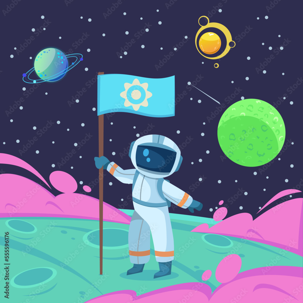 Astronaut putting flag on moon vector illustration. Cartoon drawing of person in spacesuit discovering planet. Space, astronomy, achievement, science, discovery concept Astronaut putting flag on moon vector illustration. Cartoon drawing of person in spacesuit discovering planet. Space, astronomy, achievement, science, discovery concept