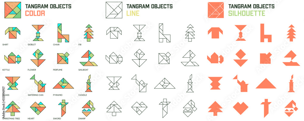 Tangram puzzle for kids. Set of tangram objects.