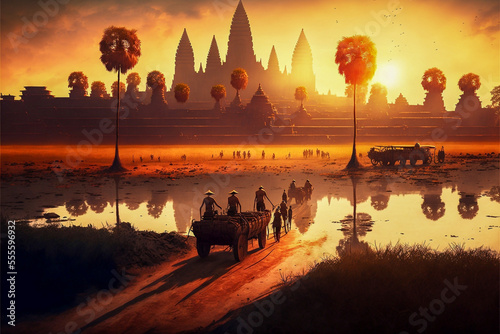 Angkor Wat during its heyday , sunset time, 8k , beautiful lightCG Digital Painting AI Neural Network Computer Generated Art