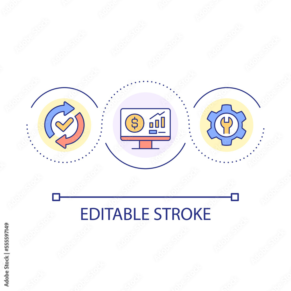 Money management software loop concept icon. Regulating financial operations abstract idea thin line illustration. Income, expenses control. Isolated outline drawing. Editable stroke. Arial font used Money management software loop concept icon. Regulating financial operations abstract idea thin line illustration. Income, expenses control. Isolated outline drawing. Editable stroke. Arial font used