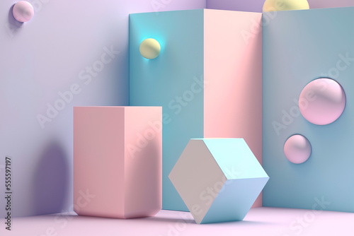 Abstract background and decoration scene template. Minimal product podium stage with multicolor pastel color balloons in geometric shape