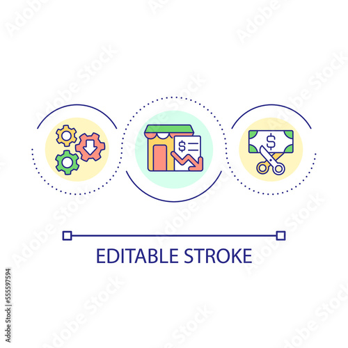 Cutting operating costs in retail loop concept icon. Lowering expenses abstract idea thin line illustration. Minimizing charges. Isolated outline drawing. Editable stroke. Arial font used