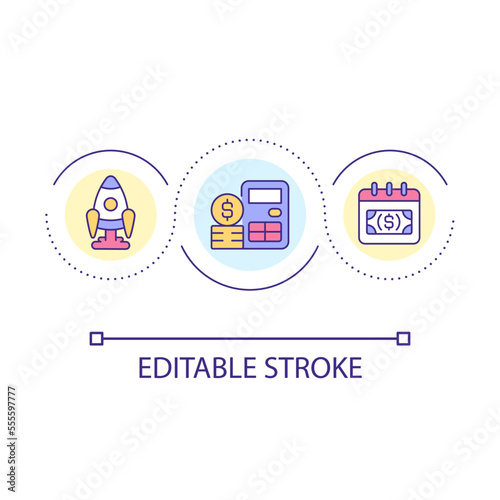 Raising money for startup business loop concept icon. Fundraising option abstract idea thin line illustration. Calculating profit. Isolated outline drawing. Editable stroke. Arial font used