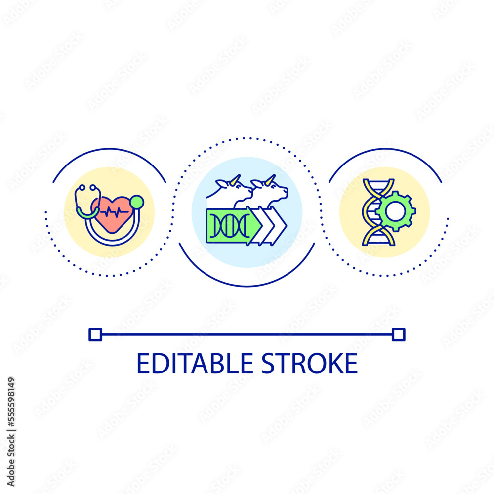 Innovation in livestock breeding loop concept icon. Smart farming abstract idea thin line illustration. Genomic science. Agribusiness. Isolated outline drawing. Editable stroke. Arial font used Innovation in livestock breeding loop concept icon. Smart farming abstract idea thin line illustration. Genomic science. Agribusiness. Isolated outline drawing. Editable stroke. Arial font used