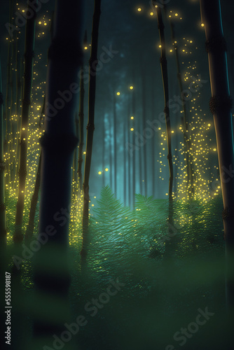 Beautiful bamboo forest at night time with beautiful fireflies lighting, concept art graphic design. © roeum