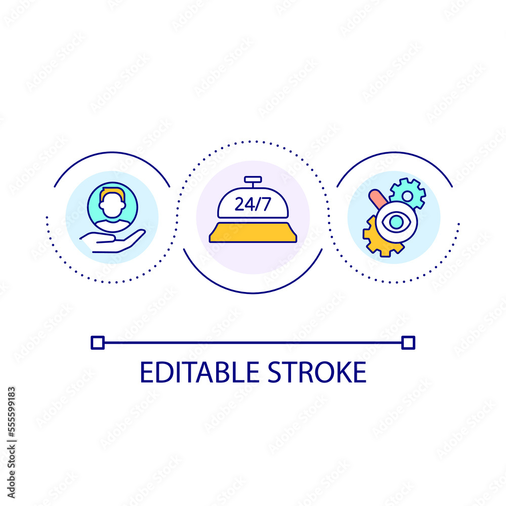 Round the clock support loop concept icon. Customer service abstract idea thin line illustration. 24 hour assistance. Client support. Isolated outline drawing. Editable stroke. Arial font used Round the clock support loop concept icon. Customer service abstract idea thin line illustration. 24 hour assistance. Client support. Isolated outline drawing. Editable stroke. Arial font used