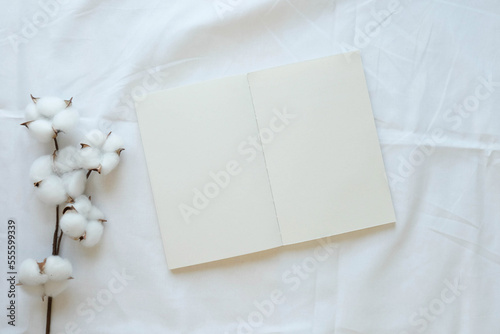 Cozy composition with a clean opened note and cotton branch on a white sheet