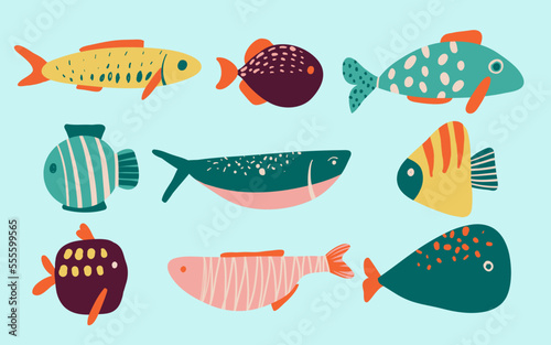 Collection of vector hand drawn cute fishes in flat style