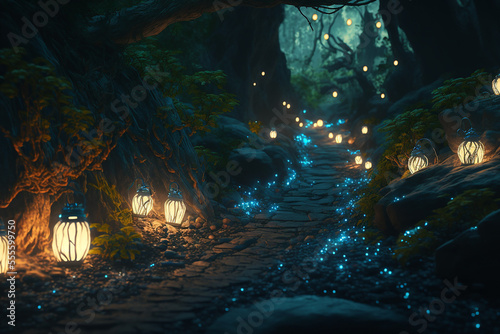 Leinwand Poster beautiful walking path with the stone at night time enchanted forest with beautiful lighting and fireflies