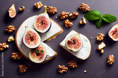 Brie cheese served with figs and walnuts, generative AI illustration
