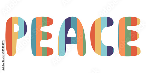 Flat vector hippy boho illustration. Hand drawn retro groovy peace lettering