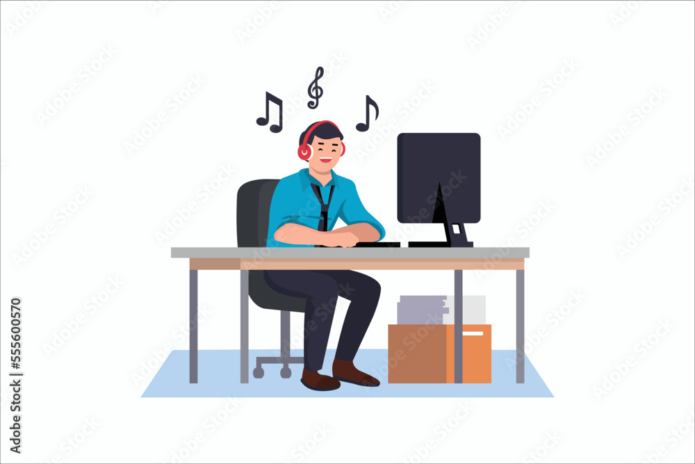 Businessman with desktop computer listening music wearing headphones
