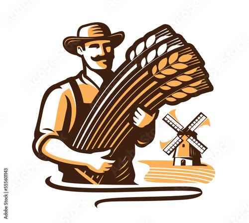 Farmer harvesting wheat from the field. Bread , flour for baking emblem or logo. Farm organic food concept vector