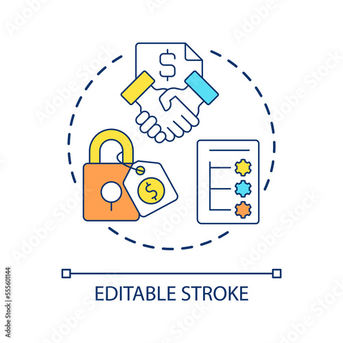Fixed price contract concept icon. Agreement with responsibilities abstract idea thin line illustration. Company financial statements. Isolated outline drawing. Editable stroke. Arial font used