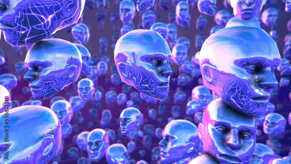 Retro Futuristic seamless animation of metalheads. Synthwave background in purple,pink and blue.
