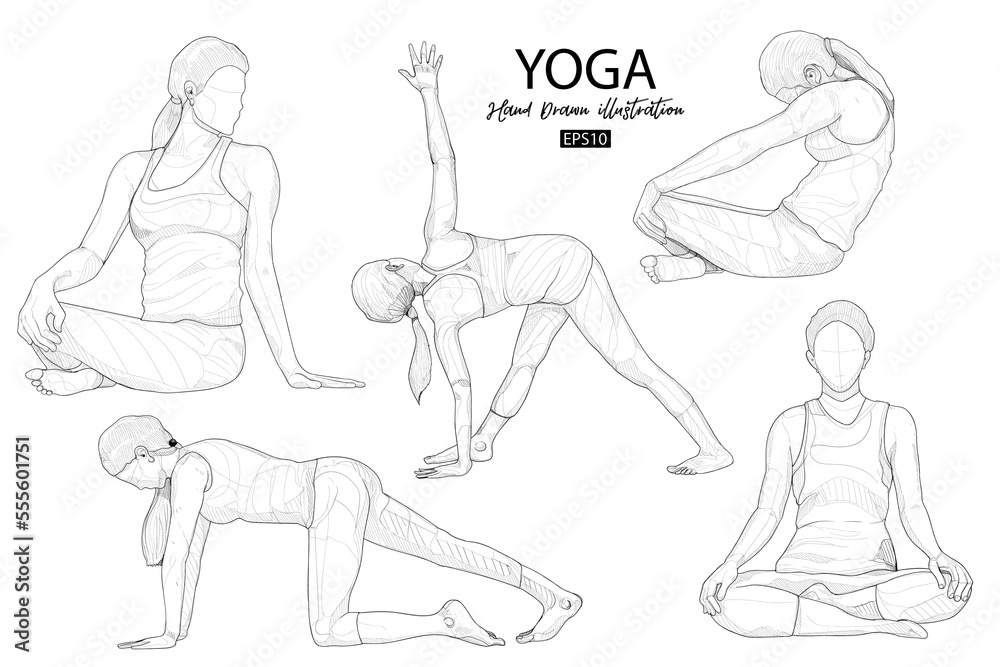 hand drawn illustration of yoga body posture set. vector drawing.