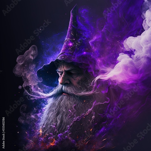 illustration wizard with a magic hat and purple smoke made with generative ai