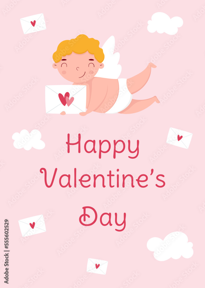 Valentine's Day greeting card with cute cupid, envelopes and clouds. Template for greeting card, invitation, poster, banner, gift tag Valentine's Day greeting card with cute cupid, envelopes and clouds. Template for greeting card, invitation, poster, banner, gift tag