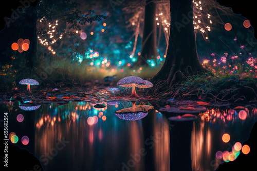 incredible magical enchanted forest during nighttime with colorful mushrooms and beautiful lighting