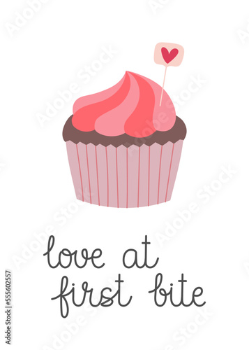 Valentine s Day greeting card with colorful cupcake. Hand drawn doodle style. Template for greeting card  invitation  poster  banner