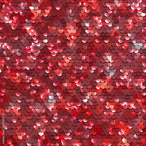 Red sequined texture - vector illustration. Shiny bright seamless background with pailettes. Glittering surface of cloth bedazzled with sequins. Vibrant mermaid decorated illustration.