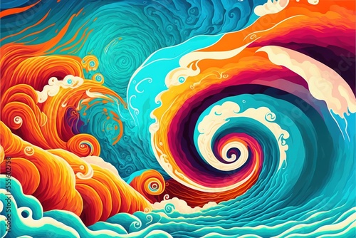 Turbulent golden hour clouds and impossibly big blue rolling ocean waves seascape, looming tropical storm colorful illustration.