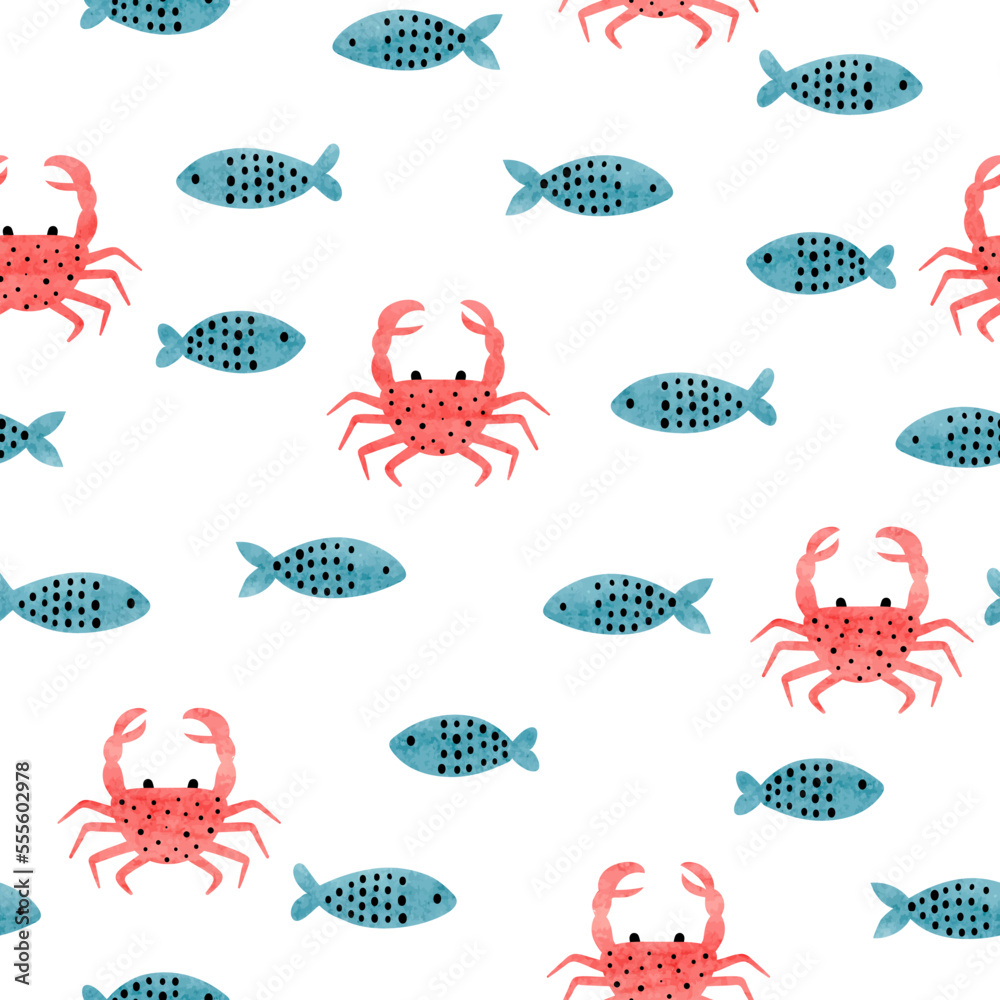 Seamless sea pattern with cute crabs and fish. Vector watercolor ocean illustration. Seamless sea pattern with cute crabs and fish. Vector watercolor ocean illustration.