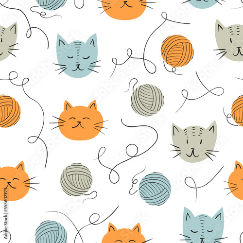 Seamless cute cats and balls of yarn pattern. Baby print, kids design