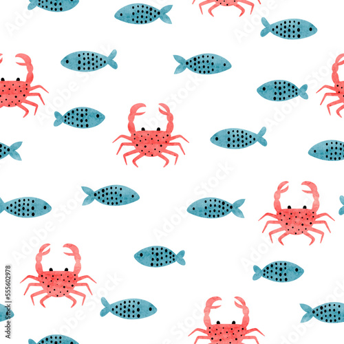 Photography Seamless sea pattern with cute crabs and fish
