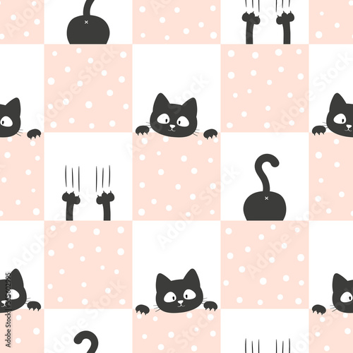 Cute black cat seamless pattern. Vector illustration for kids, nursery design