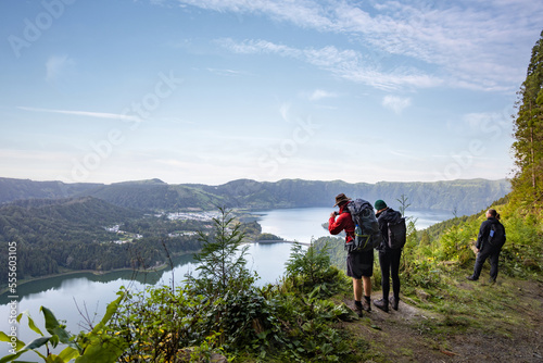 Group of hikers enjoying the scenic views of São Miguel island in the Azores © photoschmidt