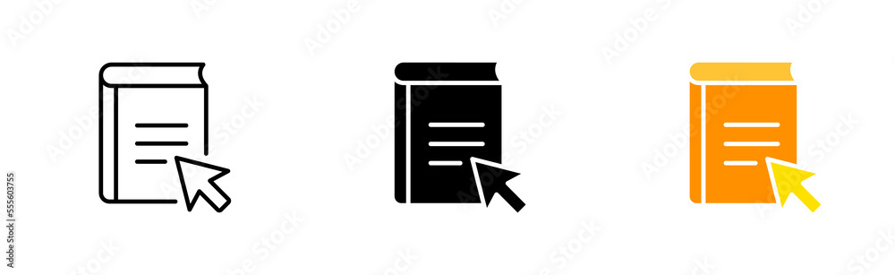 Online library line icon. Click. pointer, book, ebook, education, text book, learning, literature, Writer. Author concept. Vector icon in line, black and colorful style on white background Online library line icon. Click. pointer, book, ebook, education, text book, learning, literature, Writer. Author concept. Vector icon in line, black and colorful style on white background
