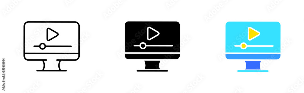 Video line icon. Movie, watch, series, play button, cinema, video hosting, entertainment, pause, player, view, screen, online, app, website. Vector icon in line, black and colorful style Video line icon. Movie, watch, series, play button, cinema, video hosting, entertainment, pause, player, view, screen, online, app, website. Vector icon in line, black and colorful style