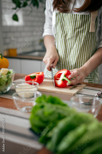 woman prepares cooking healthy food from fresh vegetables and fruits in kitchen room.