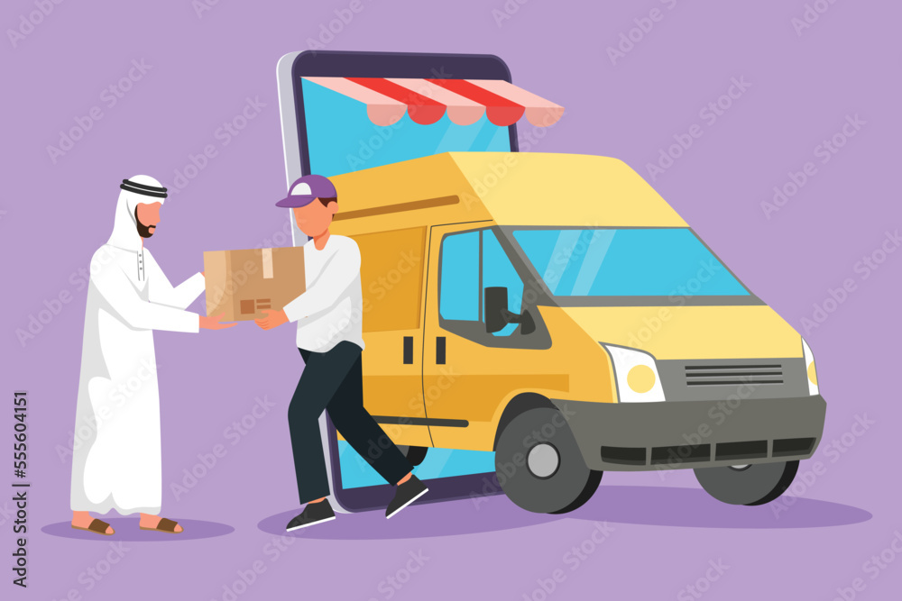 Cartoon flat style drawing delivery box car comes out from giant smartphone screen. Male courier gives package box to Arabian man customer. Online store transport. Graphic design vector illustration Cartoon flat style drawing delivery box car comes out from giant smartphone screen. Male courier gives package box to Arabian man customer. Online store transport. Graphic design vector illustration