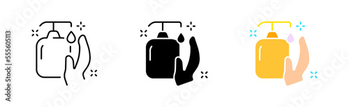 Dispenser with hand line icon. Liquid soap, sanitizer, antiseptic, wash hands, personal hygiene, quarantine, coronavirus, distancing. Health care concept. Vector icon in line, black and colorful style