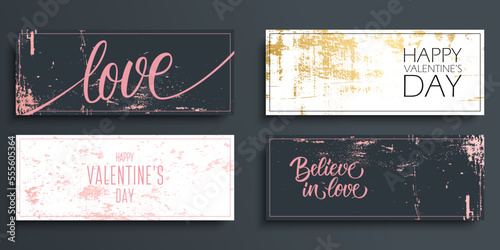 Valentines Day horizontal banners set. February 14  Happy Valentine s Day holiday greetings with grunge textures collection. Vector Illustration.