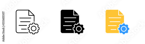 File with gear line icon. Setting information, text document, pdf, tuning, private, book, note, setup, network settings. Data set concept. Vector icon in line, black and colorful style