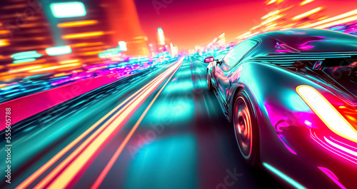 Speeding Sports Car On Neon Highway. Powerful acceleration of a supercar on a night track with colorful lights and trails. Lights of cars with night, long exposure. 