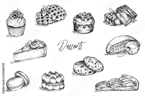 Set of vector hand drawn desserts in sketch style